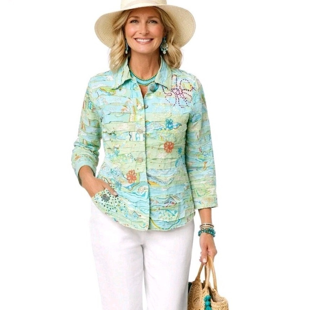 LIFE STYLE Petite Size Small 100% Cotton Art to Wear Ribbon Shacket Quiet Luxury